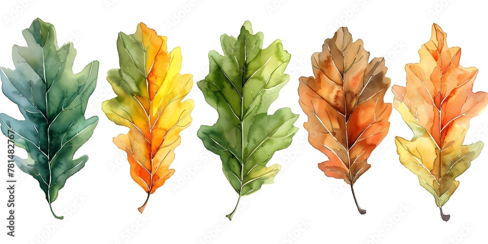 Fototapeta premium Watercolor Oak Leaves Transitioning Through the Seasons on White Background