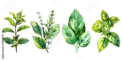 Watercolor of Fragrant Herbs for Culinary Themed Artworks on White Background