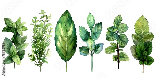 Vibrant Watercolor of Assorted Aromatic Herbs for Culinary and Botanical Artwork