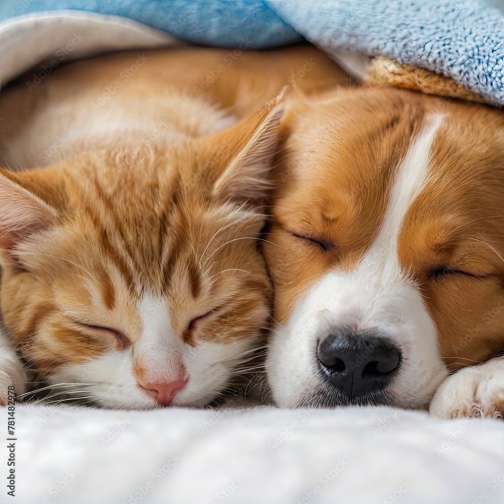 A kitten and a puppy peacefully sleeping together.