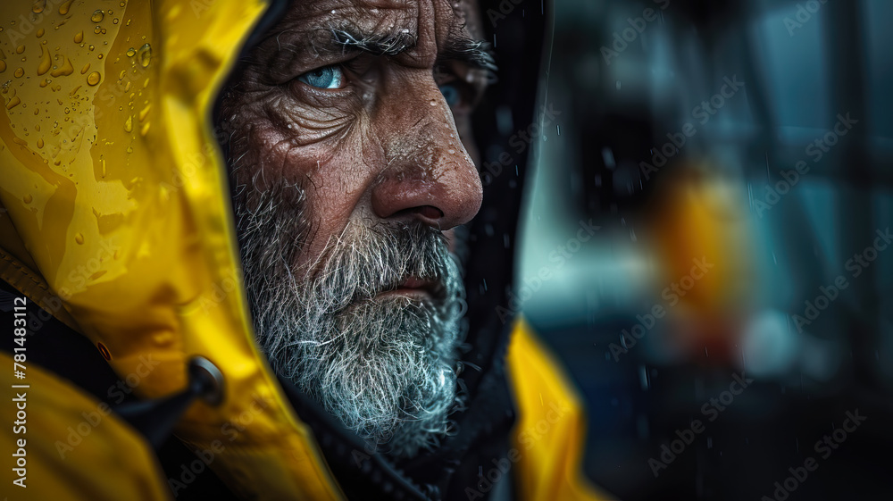Portrait of an experienced fisherman with deep wrinkles, looking towards the horizon. A day in the hard life of professional fishermen Portrait of an experienced fisherman with deep wrinkles, looking towards the horizon. A day in the hard life of professional fishermen