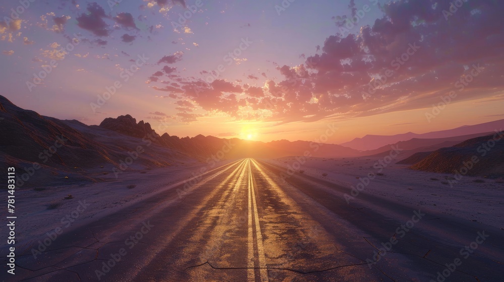 Surreal desert road at sunset