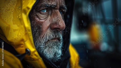 Portrait of an experienced fisherman with deep wrinkles, looking towards the horizon. A day in the hard life of professional fishermen photo