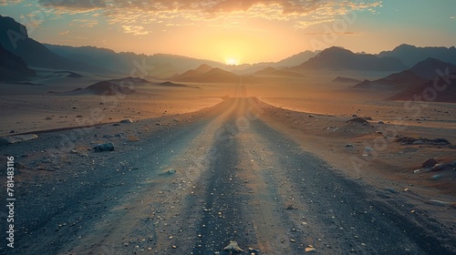 Scenic view of a desert road leading towards the sunset among mountains © Denys