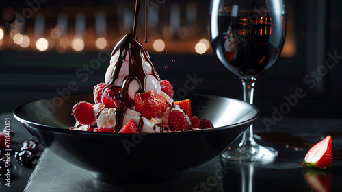 Pouring liquid chocolate over chocolate ice cream with berries lying on the side of the ice cream