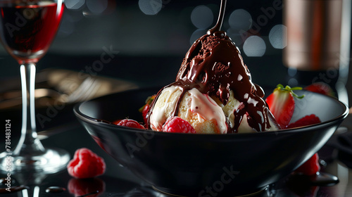 Pouring liquid chocolate over chocolate ice cream with berries lying on the side of the ice cream