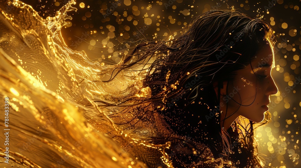 Captivating shot of a woman with disheveled dark hair in a black studio, her presence mysteriously behind a dynamic 3D stroke of gold paint across her figure Captivating shot of a woman with disheveled dark hair in a black studio, her presence mysteriously behind a dynamic 3D stroke of gold paint across her figure