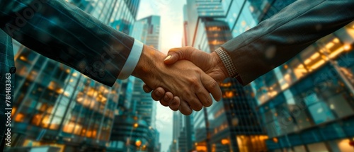 Business handshakes banner, professional attire, merged corporate buildings with logos subtly shown, detailed depiction, unity symbolism, photo realistic, blue predominance photo