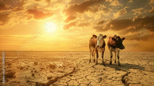 Cows on dry land at sunset