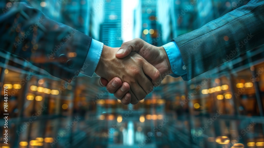 Corporate handshakes panorama, professionals in business wear, merged building scene with logos, high detail, partnership focus, photo realistic, blue tones Corporate handshakes panorama, professionals in business wear, merged building scene with logos, high detail, partnership focus, photo realistic, blue tones