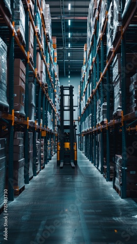Modern warehouse aisle at night with forklift