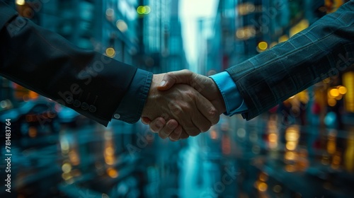 Corporate handshakes panorama, professionals in business wear, merged building scene with logos, high detail, partnership focus, photo realistic, blue tones