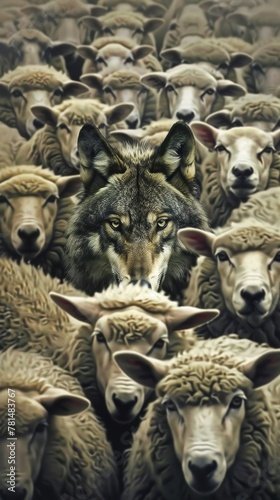 Wolf among sheep - camouflage concept illustration