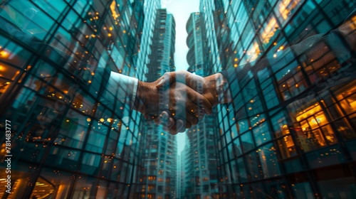 Corporate handshakes panorama, professionals in business wear, merged building scene with logos, high detail, partnership focus, photo realistic, blue tones photo