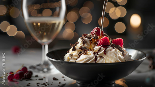 Pouring honey over vanilla ice cream in a black bowl