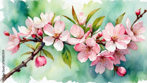 Impressionist watercolor artwork of Pink cherry blossoms  with green leaves and delicate strokes  using a fine brush.