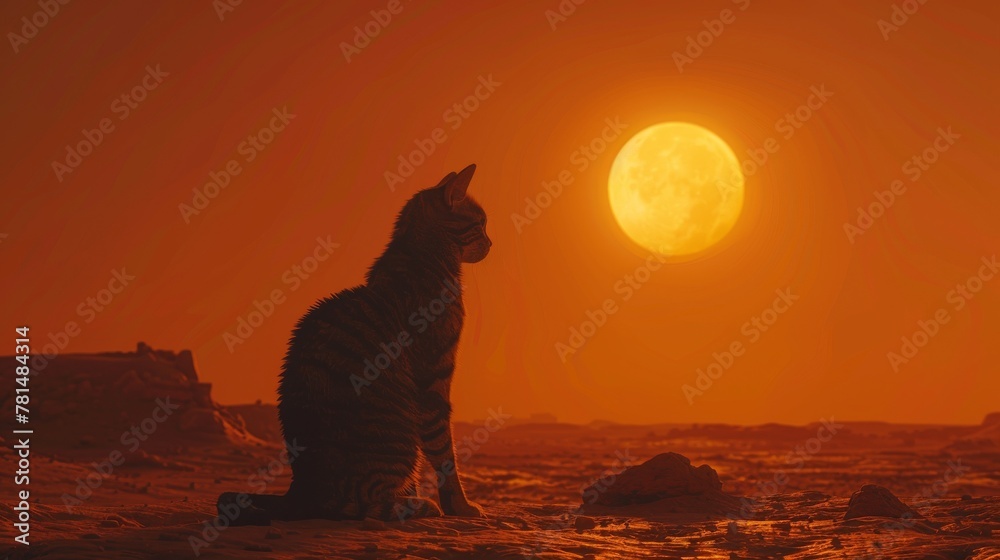 Desert scene, mummy cat silhouette, full moon, long shot, suspenseful atmosphere, horror film - obrazy, fototapety, plakaty 
