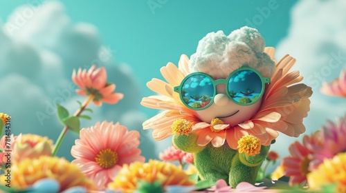 anthropomorphic flower character with green legs and vibrant petals, donning blue sunglasses and a white cloud shaped hat, holding small flowers, against a solid color backdrop in Cinema4D photo