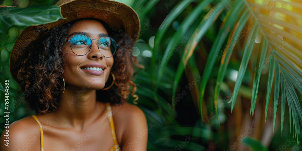 woman traveler among tropical vegetation, environmental tourism