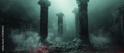 Diabolic shadows looming over an ancient ritual site, wide angle, eerie atmosphere, dark fantasy