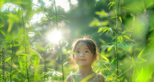 happy asian child girl among bamboo stems  children and nature