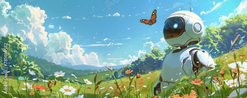 Robot encounters butterfly in idyllic meadow