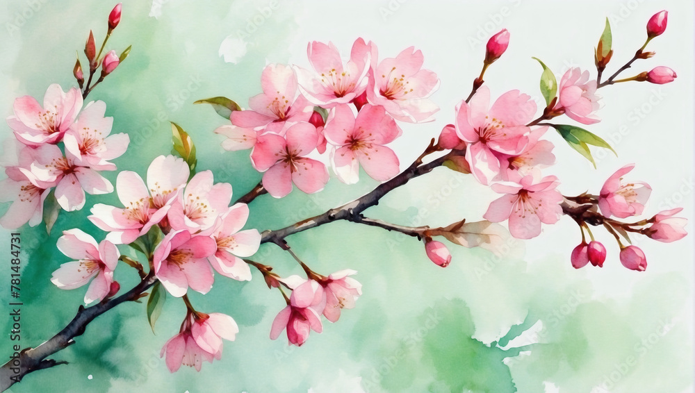 Impressionist watercolor artwork of Pink cherry blossoms, with green leaves and delicate strokes, using a fine brush.