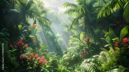 Diverse ecosystem in a lush rainforest  wide shot  vibrant life  educational ecology documentary style