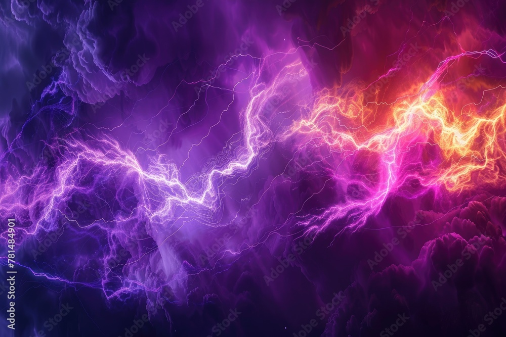 Electric bolts of lime and violet smoke