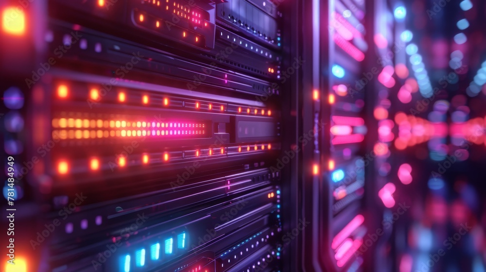 Edge computing servers in a high tech facility, close up, neon lighting, futuristic style Edge computing servers in a high tech facility, close up, neon lighting, futuristic style
