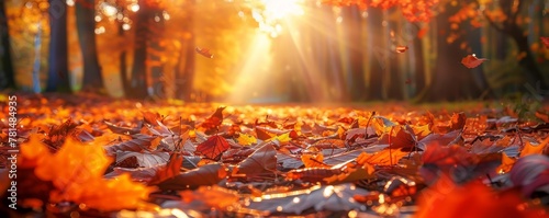 Autumn glow: sunset through falling leaves