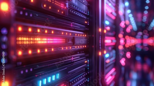Edge computing servers in a high tech facility, close up, neon lighting, futuristic style