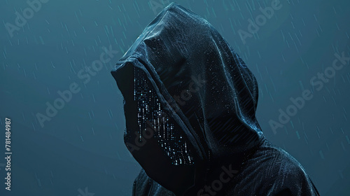 Unrecognizable hacker cyber criminal in hood with dark space and matrix instead of face isolated on blue digital background