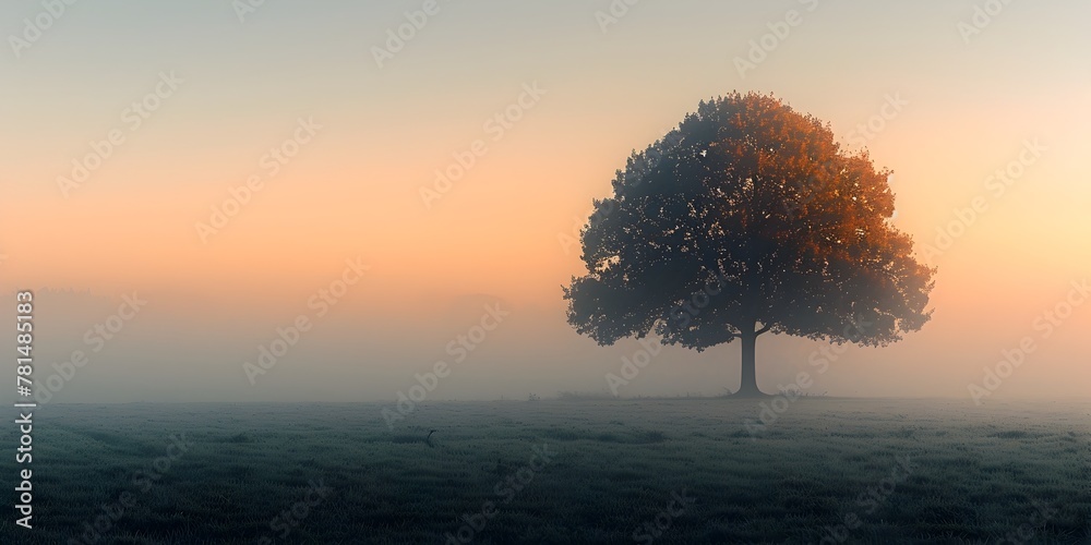 Lone Tree Silhouette in Misty Dawn Landscape Showcases Beauty of Simplicity and Resilience Lone Tree Silhouette in Misty Dawn Landscape Showcases Beauty of Simplicity and Resilience
