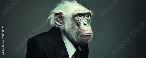 Conceptual portrait of a chimpanzee dressed in a formal business suit against a gray backdrop
