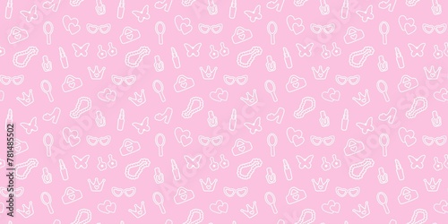 seamless, pink pattern. Pattern with contour details for a girl. Shoes, lipstick, earrings, glasses, jewelry, heart. Print on textiles, paper, banner. art modern illustration.