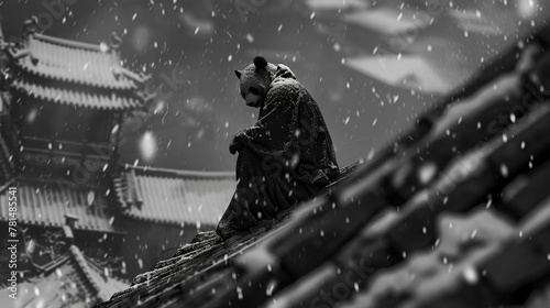 A person in a panda costume sits contemplatively atop a traditional temple's roof, surrounded by falling snow in monochrome.