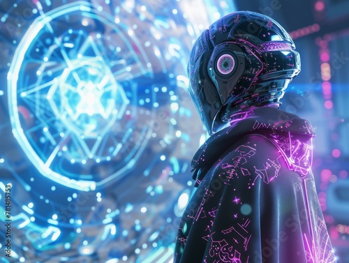 Futuristic hologram depicting a robot priestess, her circuits shimmering with sacred geometry, emanating a divine aura in a cyber sanctuary photo