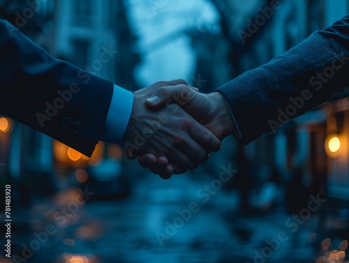 Handshake series across professionals, corporate merger backdrop with subtle logos, high detail, symbolism of alliances, realistic unity portrayal, predominately blue photo