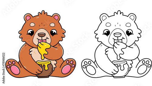 Bear with honey coloring book with coloring example for kids. Coloring page with bear eating honey. Black and white and color version. Vector children s illustration.