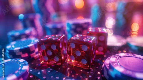 Illustration of Gamblers Fallacy, close up, casino chips and dice, conceptual, educational style