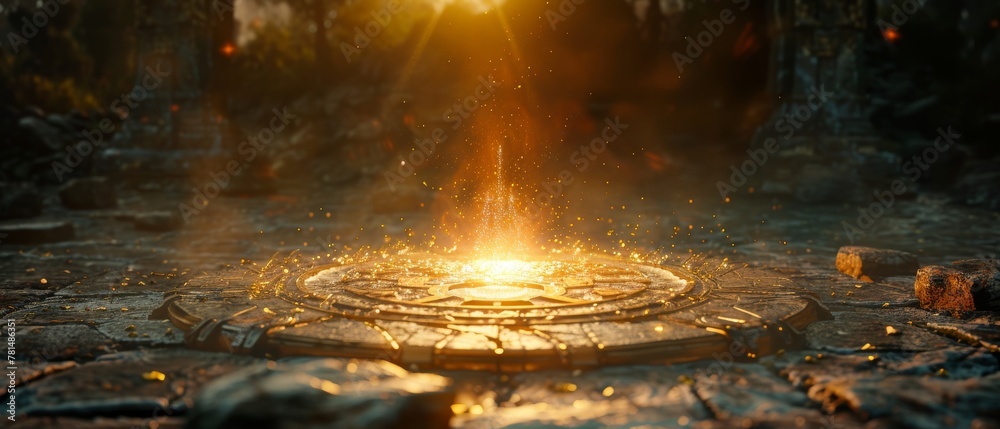 Obraz premium In a world where divine providence and science intertwine, a refresh symbol appears, glowing on an ancient amulet, igniting a wave of enlightenment 