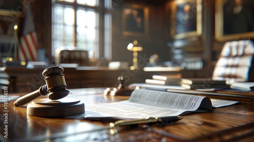 Legal documents and gavel on a desk, close up, justice and law, professional, authoritative atmosphere photo