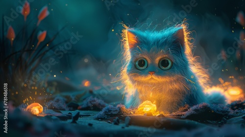 Lumino in a dreamy night setting, soft teal and coral fur, subtle glow, broad strokes, whimsical, childrens book quality, HD