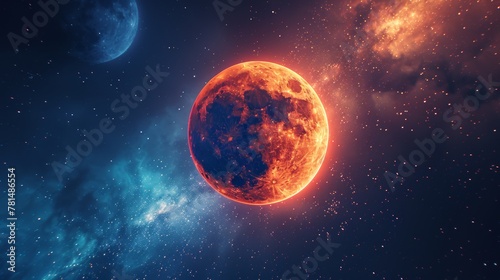 Lunar eclipse with echo waves visual effect, wide shot, mystical colors, high detail space style