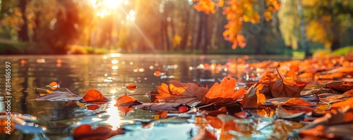 Autumn leaves floating on serene lake at sunset