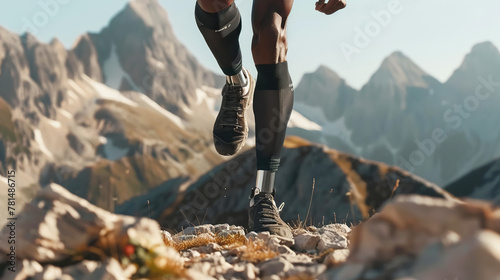 Man with prosthetic legs, an athlete runner runs along rocky path in mountainous area, close-up of man's legs. Active lifestyle concept with disability, movement and persistence, adventure and travel