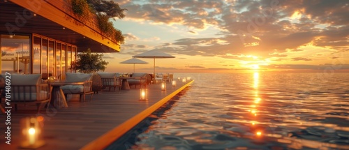 Oceanfront dining at sunset, wide angle, romantic atmosphere, luxury experience, serene view