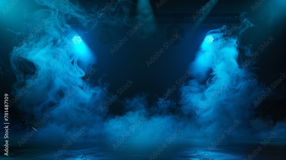 Mysterious stage with blue smoke and lights