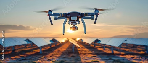 Solar Panel Inspection at Sunset with Drone. Concept Solar Energy, Drone Technology, Sunset Photography, Renewable Resources, Energy Efficiency photo